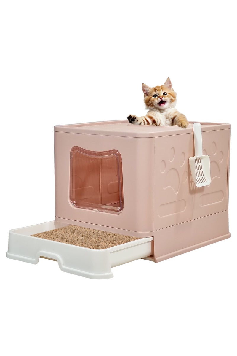 أن ان سي بيتس صندوق قمامة قطط قابل للطي ومغلق مع مدخل علوي وأمامي، باب شفاف، دواسة فلتر رمل، مغرفة قمامة، ونوع درج، تصميم مقاوم للرذاذ للقطط الداخلية، سهل التنظيف 60 سم (وردي) - Image 1