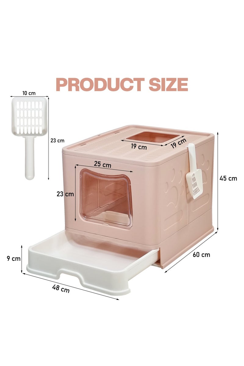 أن ان سي بيتس صندوق قمامة قطط قابل للطي ومغلق مع مدخل علوي وأمامي، باب شفاف، دواسة فلتر رمل، مغرفة قمامة، ونوع درج، تصميم مقاوم للرذاذ للقطط الداخلية، سهل التنظيف 60 سم (وردي) - Image 2