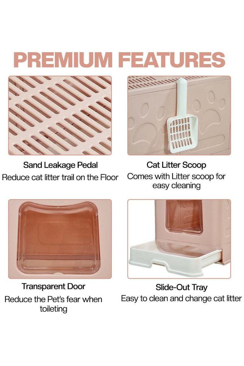 أن ان سي بيتس صندوق قمامة قطط قابل للطي ومغلق مع مدخل علوي وأمامي، باب شفاف، دواسة فلتر رمل، مغرفة قمامة، ونوع درج، تصميم مقاوم للرذاذ للقطط الداخلية، سهل التنظيف 60 سم (وردي) - Image 3