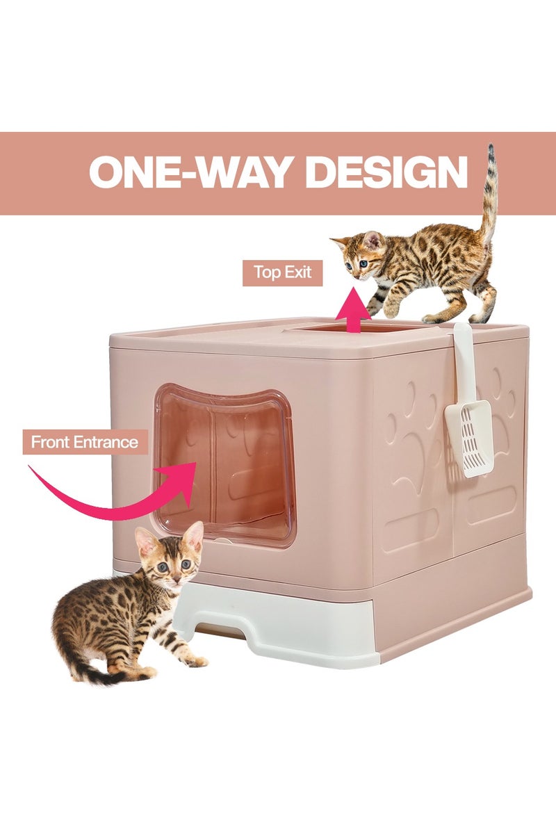 أن ان سي بيتس صندوق قمامة قطط قابل للطي ومغلق مع مدخل علوي وأمامي، باب شفاف، دواسة فلتر رمل، مغرفة قمامة، ونوع درج، تصميم مقاوم للرذاذ للقطط الداخلية، سهل التنظيف 60 سم (وردي) - Image 4