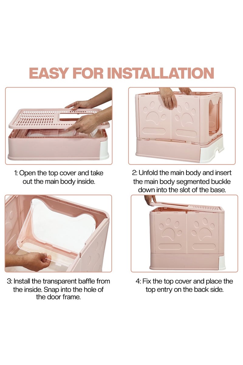 أن ان سي بيتس صندوق قمامة قطط قابل للطي ومغلق مع مدخل علوي وأمامي، باب شفاف، دواسة فلتر رمل، مغرفة قمامة، ونوع درج، تصميم مقاوم للرذاذ للقطط الداخلية، سهل التنظيف 60 سم (وردي) - Image 5