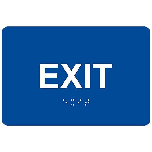 ComplianceSigns.com Exit Sign, ADA-Compliant Braille and Raised Letters, 6x4 inch White on Blue Acrylic with Adhesive Mounting Strips - Image 1