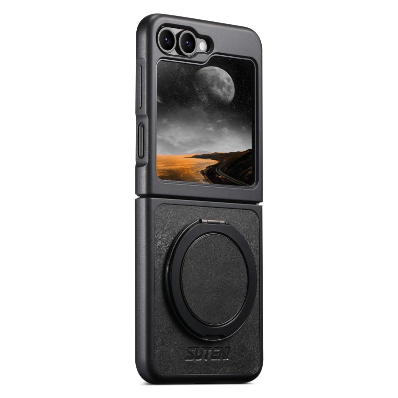 Suteni For Samsung Galaxy Z Flip6 / Flip7 Fe G3 Oil Wax 360 Rotation Holder Magsafe Back Phone Case(Black) - Image 1