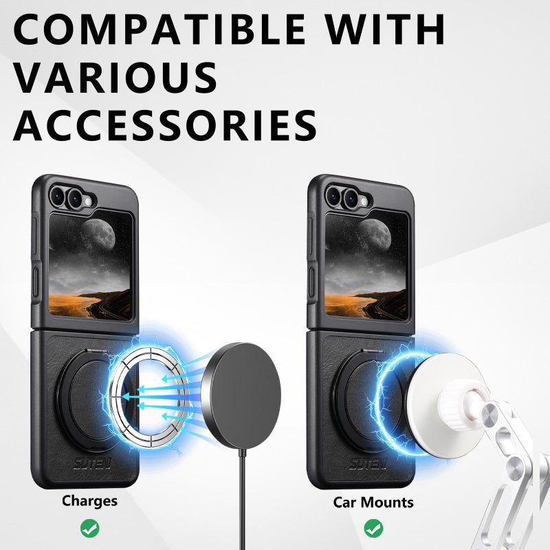 Suteni For Samsung Galaxy Z Flip6 / Flip7 Fe G3 Oil Wax 360 Rotation Holder Magsafe Back Phone Case(Black) - Image 2