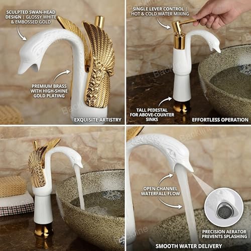 B Backline Brass Swan Shape Bathroom Sink Wash Basin Mixer Tap Single Handle Hot & Cold Waterfall Lavatory Sink Faucet for Living Room & Bathroom (White Gold Tap Long) - Image 2