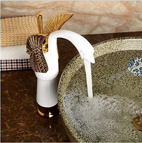 B Backline Brass Swan Shape Bathroom Sink Wash Basin Mixer Tap Single Handle Hot & Cold Waterfall Lavatory Sink Faucet for Living Room & Bathroom (White Gold Tap Long) - Image 3