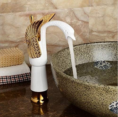 B Backline Brass Swan Shape Bathroom Sink Wash Basin Mixer Tap Single Handle Hot & Cold Waterfall Lavatory Sink Faucet for Living Room & Bathroom (White Gold Tap Long) - Image 4
