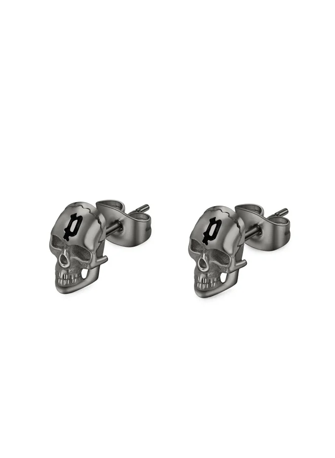 POLICE Vertex Gray Skull Stud Earrings For Men