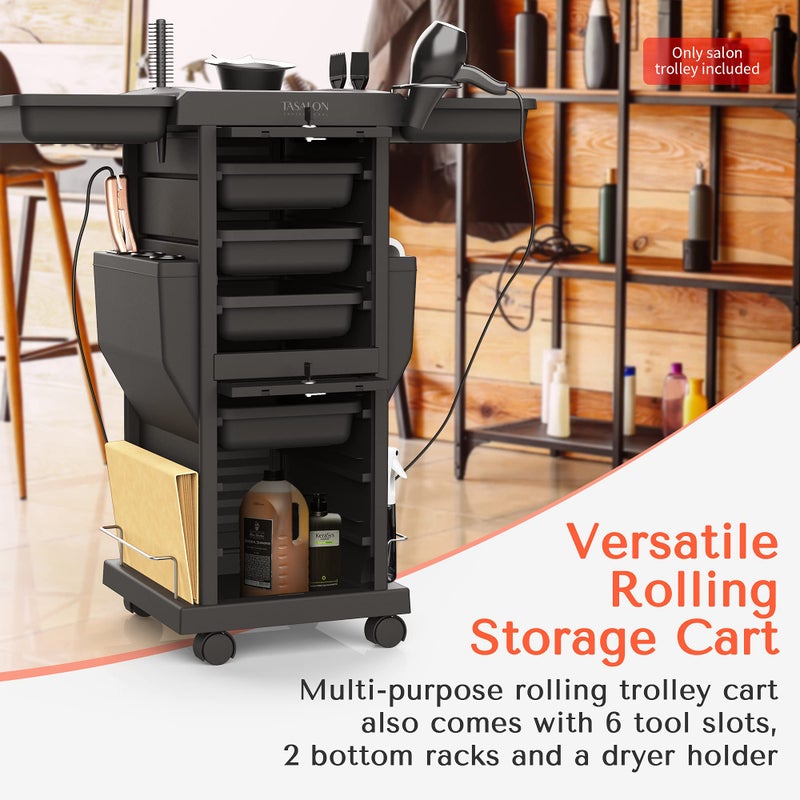 TASALON Professional Salon Trolley Cart, Lockable 6 Trays & 2 Holders, Space Saving Mobile Storage for Hair Salon and Beauty Stationâ€‹ - Black - Image 3