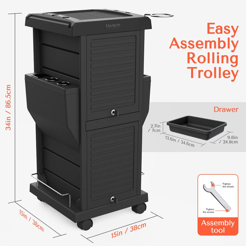 TASALON Professional Salon Trolley Cart, Lockable 6 Trays & 2 Holders, Space Saving Mobile Storage for Hair Salon and Beauty Stationâ€‹ - Black - Image 5