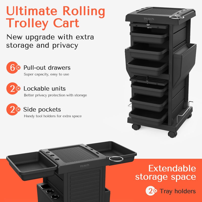 TASALON Professional Salon Trolley Cart, Lockable 6 Trays & 2 Holders, Space Saving Mobile Storage for Hair Salon and Beauty Stationâ€‹ - Black - Image 2