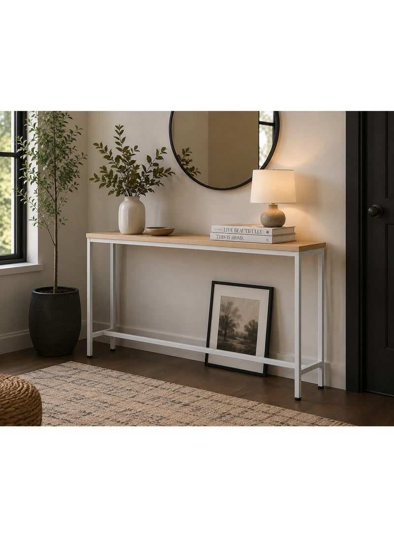 Modern Minimalist Console Table with Light Wood Top and White Metal Frame - Image 1