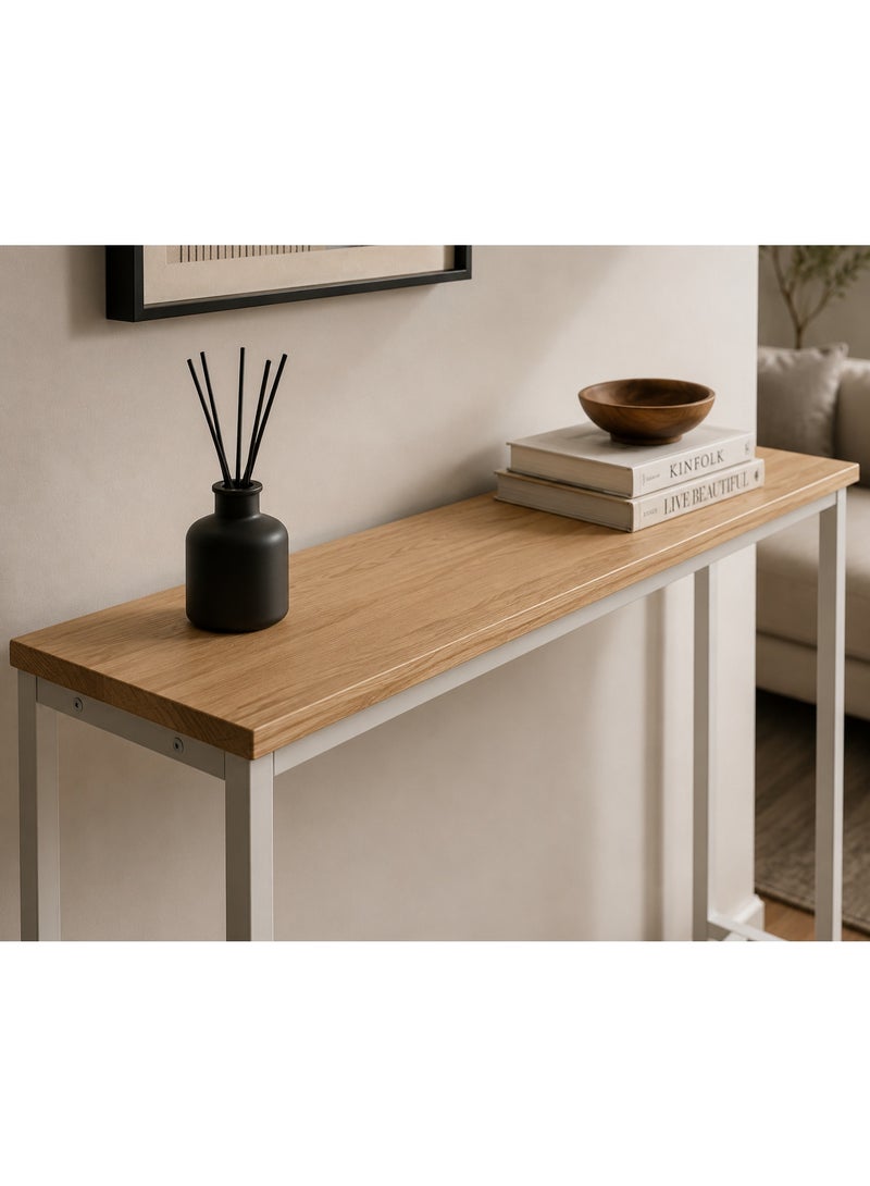 Modern Minimalist Console Table with Light Wood Top and White Metal Frame - Image 2