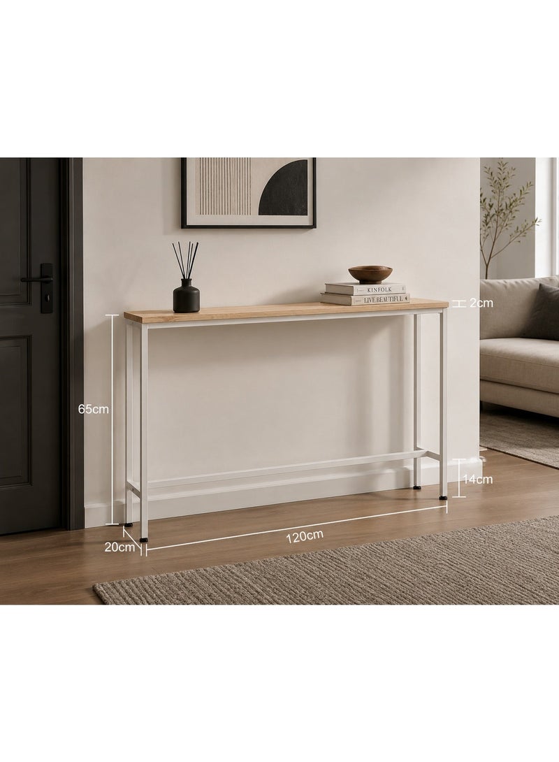 Modern Minimalist Console Table with Light Wood Top and White Metal Frame - Image 5