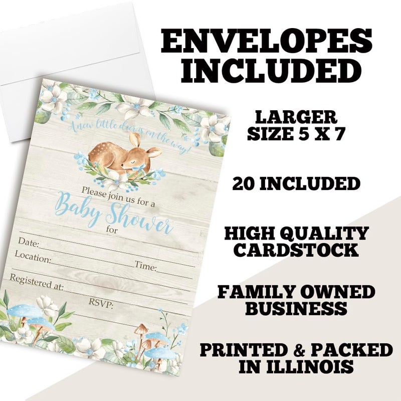 Amanda Creation Little Deer Woodland Watercolor Floral Baby Shower Invitations for Boys, 20 5x7 Fill In Cards with Twenty White Envelopes by AmandaCreation - Image 2