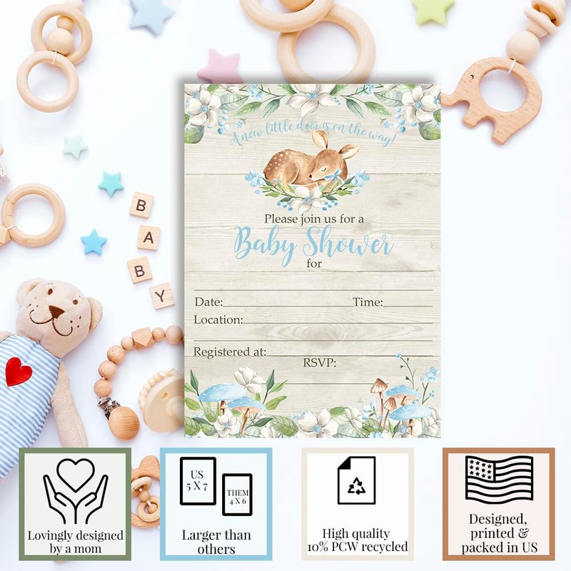 Amanda Creation Little Deer Woodland Watercolor Floral Baby Shower Invitations for Boys, 20 5x7 Fill In Cards with Twenty White Envelopes by AmandaCreation - Image 3