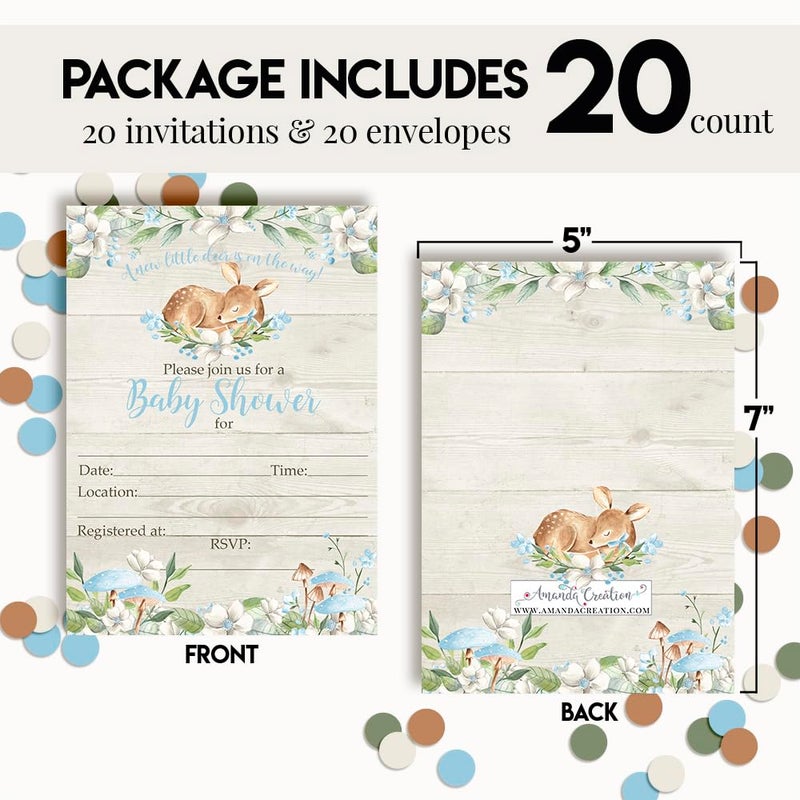Amanda Creation Little Deer Woodland Watercolor Floral Baby Shower Invitations for Boys, 20 5x7 Fill In Cards with Twenty White Envelopes by AmandaCreation - Image 4