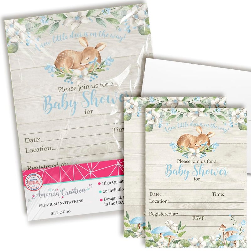 Amanda Creation Little Deer Woodland Watercolor Floral Baby Shower Invitations for Boys, 20 5x7 Fill In Cards with Twenty White Envelopes by AmandaCreation - Image 1