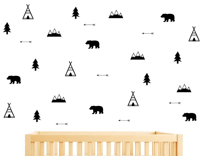 Woodland Wall Decal Bears Arrow Teepees Trees and Mountains Decor Matte Vinyl Wall Stickers for Baby Bedroom Nursery Wall DecalsY05 Black