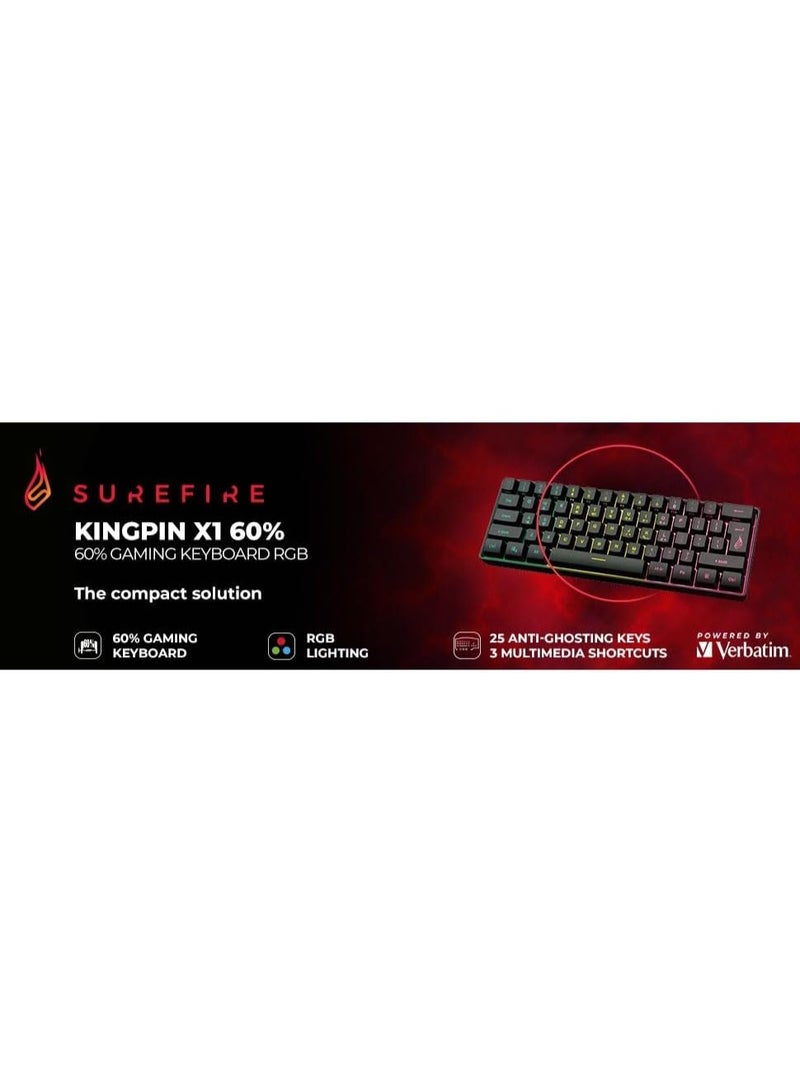 SureFire Kingpin X1 60% Gaming Keyboard US English, Gaming Multimedia Keyboard Small & Mobile, RGB Keyboard with Lighting, 25 Anti-Ghosting Keys, American Layout QWERTY - Image 3