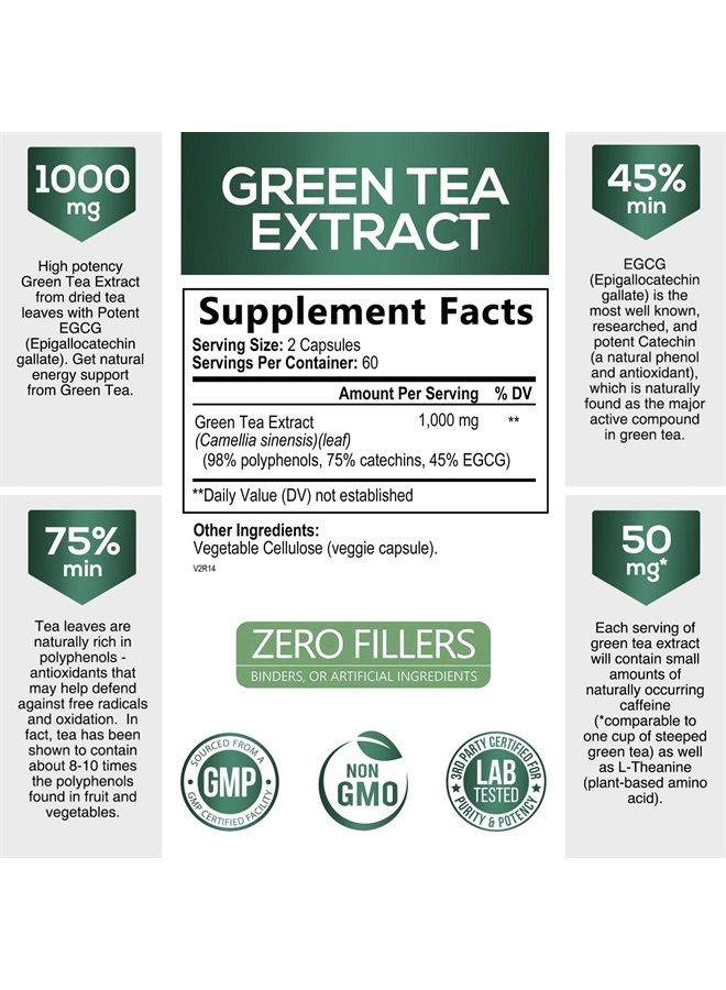 SilverOnyx Green Tea Extract Pills 1000mg with 98% Standardized EGCG - 3X Absorption Green Tea Capsules for Natural Energy - Heart Support with Polyphenols and Antioxidants, Gentle Caffeine - 120 Capsules - Image 1