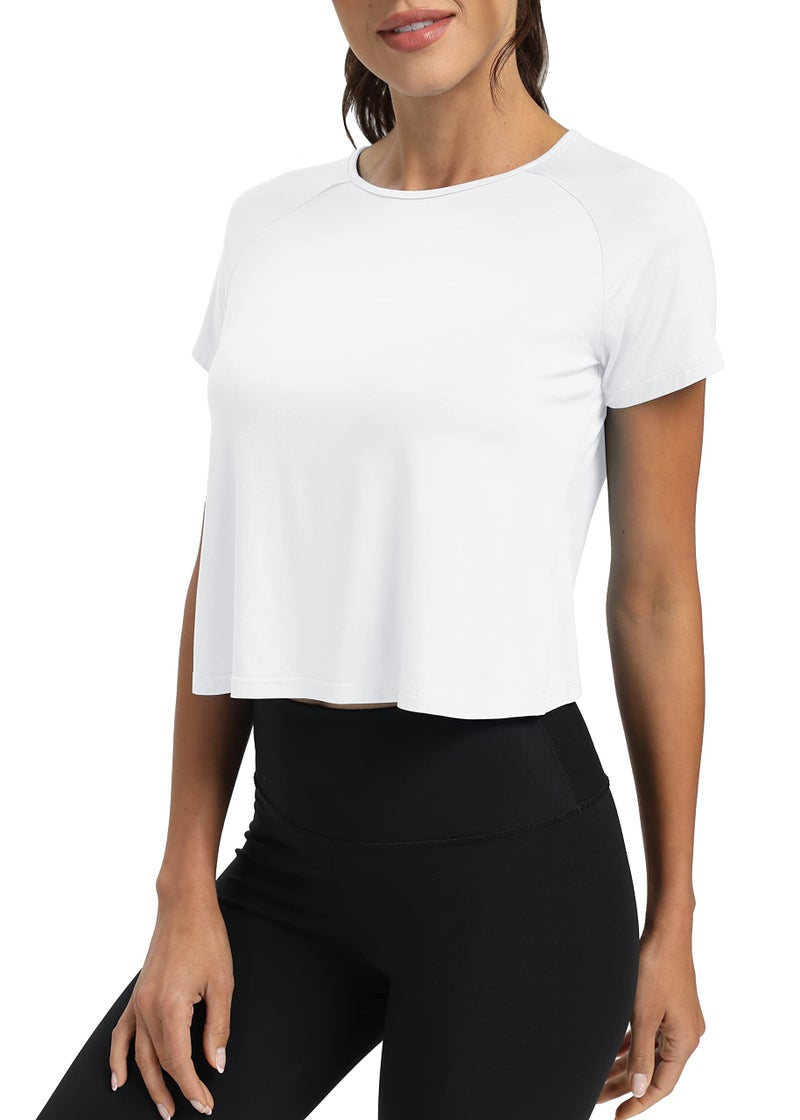 Mippo Short Sleeve Athletic Tops Workout Shirts Exercise Clothes Gym Running Crop Top Tshirts for Women Loose Fit White M - Image 3