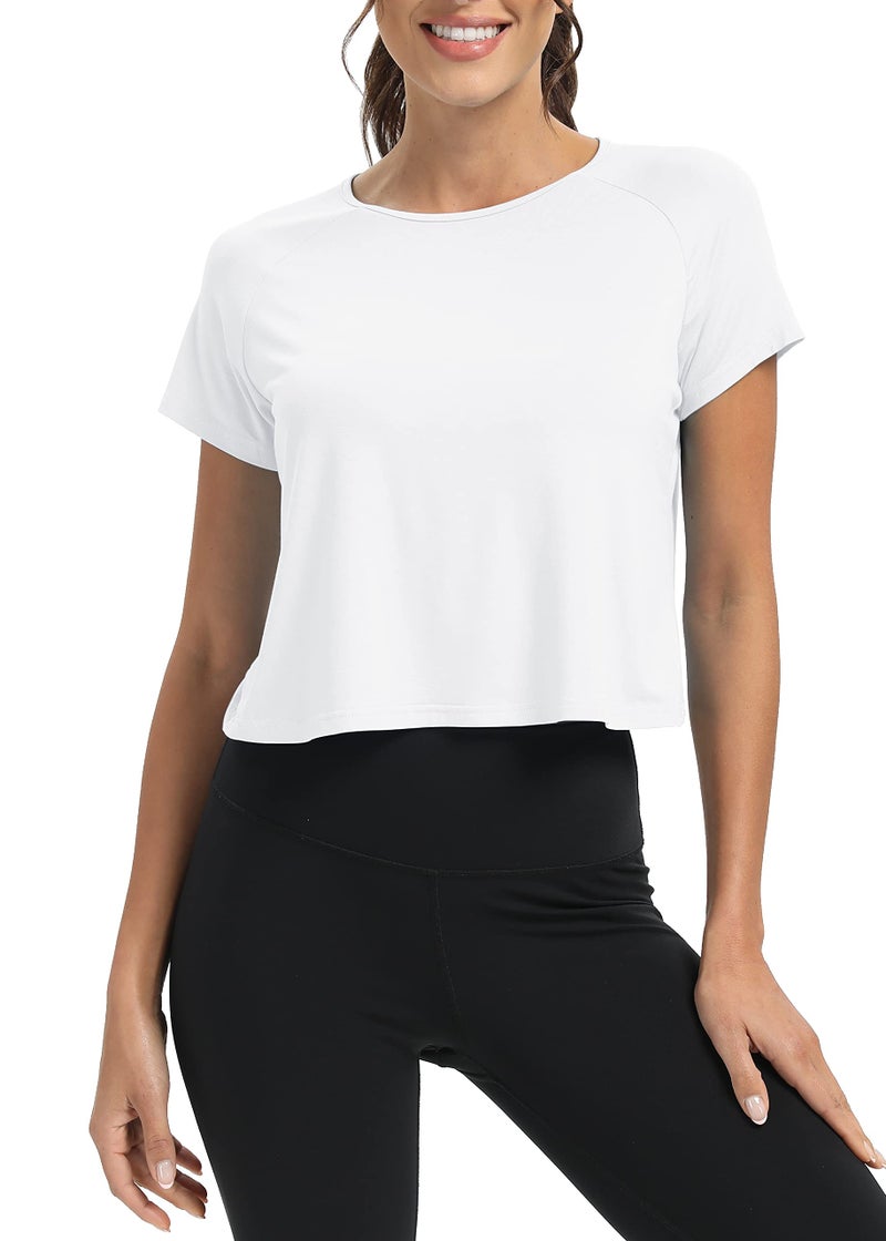 Mippo Short Sleeve Athletic Tops Workout Shirts Exercise Clothes Gym Running Crop Top Tshirts for Women Loose Fit White M - Image 2