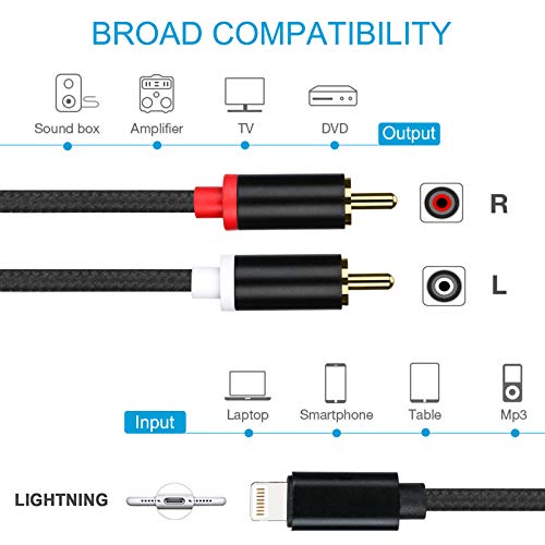 WORLDBOYU Lightning to RCA Cable Audio Aux Adapter, Stereo Y Splitter Adapter for Select iPhone, iPad and iPod Models for Power Amplifier, Car, Home Theater, Speaker and More Silver 6FT - Image 2