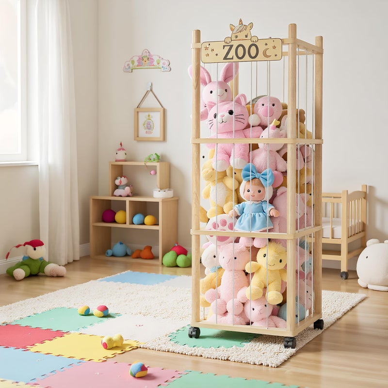 Vecxoty Stuffed Animal Storage Zoo Tower,56In Wooden Large Stuffed Animal Holder Organizer with Wheels,Stuffy Plushies Storage with Elastic Band&Mesh Bottom,Toy Storage Organizers for Playroom Bedroom Nursery - Image 4