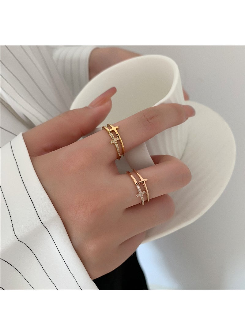 Generic - Korean Hollow Double Cross Ring with Micro Pave Diamonds Rose Gold - Image 1