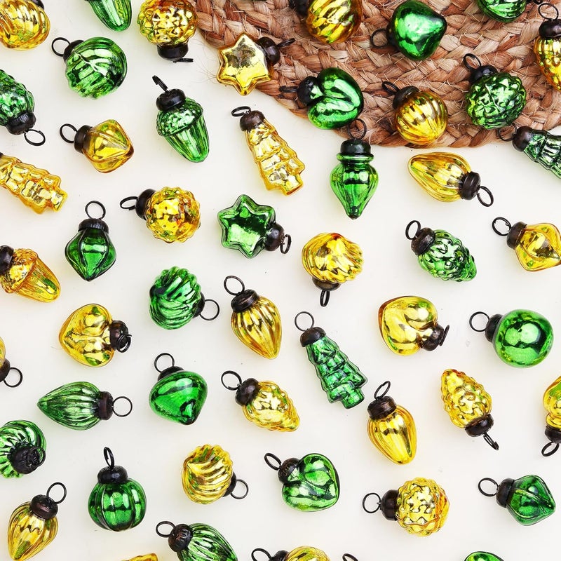 Indian-Shelf 300 Pieces Glass Gold Green Christmas Ornaments Decorative Mercury Mini Vintage Bulk Hanging Ornaments for Halloween Christmas Tree New Year Valentine Day Holidays Event and Wedding Party Decor - Image 1