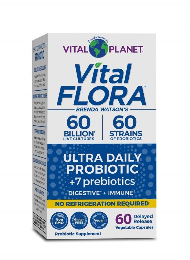 Vital Planet Vital Flora Ultra Daily Shelf Stable Probiotic 60 Billion Cultures and 60 Strains, Immune and Digestive Support Probiotics for Women and Men with Organic Prebiotics, 60 Capsules - Image 1