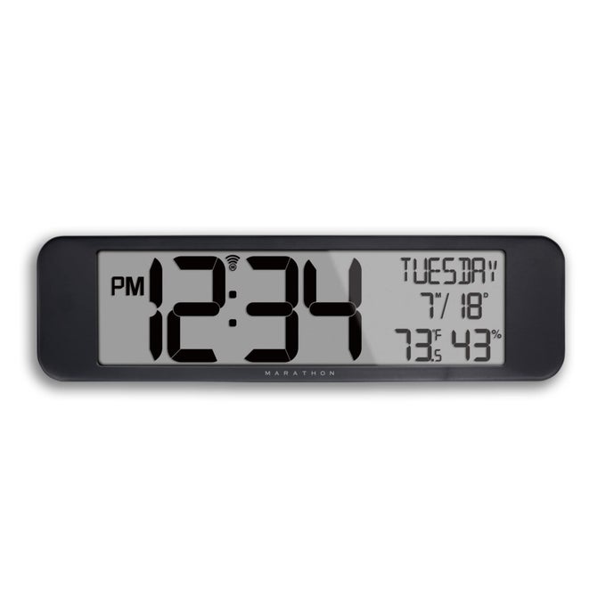 ULTRAWIDE ATOMIC WALL CLOCK BLACK LARGE 14INCH PANORAMIC DISPLAY AMPM OR 24HOUR TIME FORMAT EIGHT TIME ZONES INDOOR TEMPERATURE HUMIDITY TWO AA BATTERIES INCLUDED