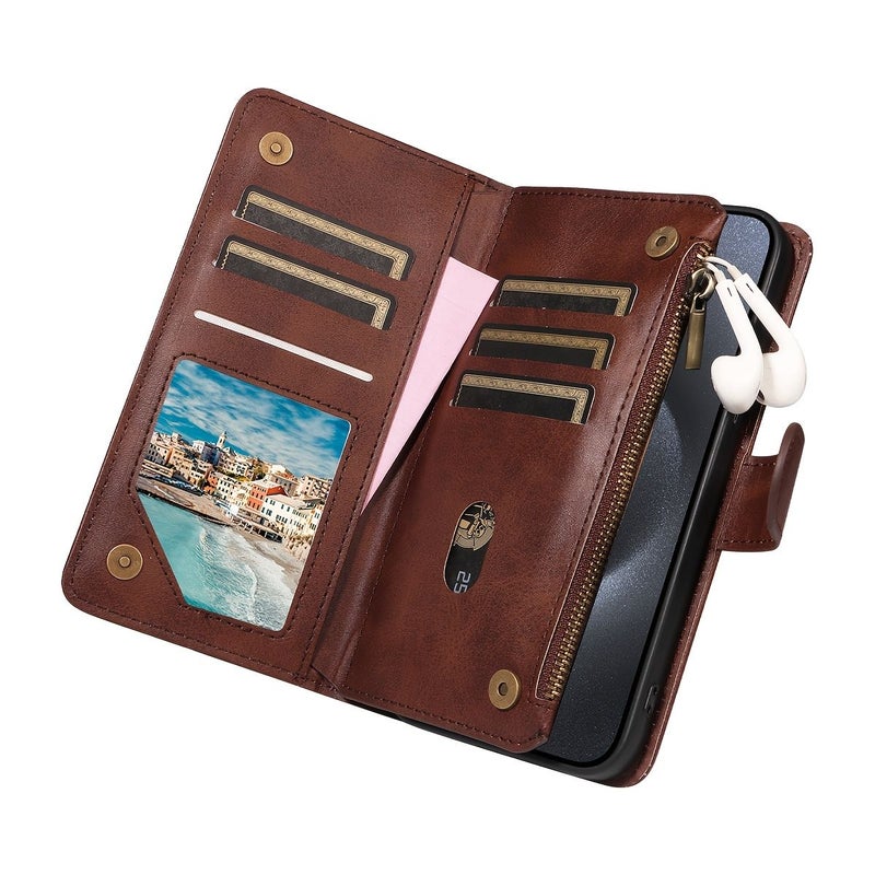 Brown Galaxy S20 Ultra Faux Leather Flip Phone Case with Stand Card Slot Wrist Strap - Image 5