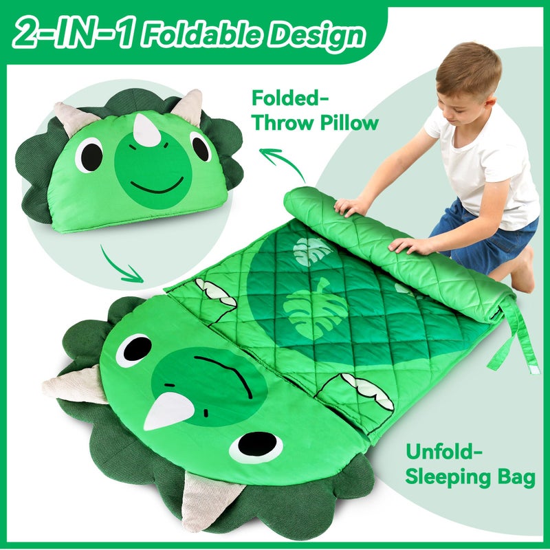 iPlay, iLearn Kid Sleeping Bag, Dinosaur Slumber Sack, Toddler Boy Nap Mat, 2 in 1 Green Dinos Cushion Blanket, Happy Travel Sleepover Daycare Preschool Birthday Gift for 3 4 5 6 Years Old Child - Image 3