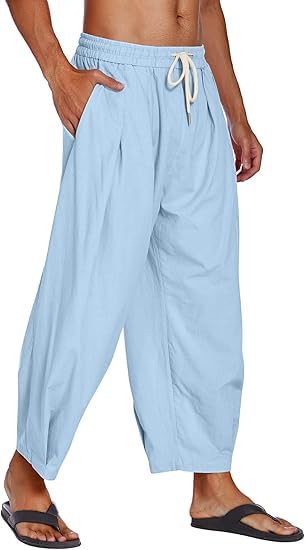 COOFANDY Men's Cotton Linen Harem Pants Drawstring Casual Cropped Trousers Lightweight Loose Beach Yoga Pants with Pockets Blue - Image 4