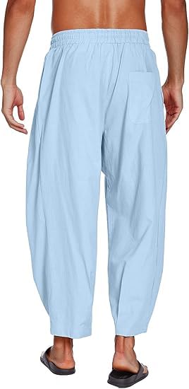 COOFANDY Men's Cotton Linen Harem Pants Drawstring Casual Cropped Trousers Lightweight Loose Beach Yoga Pants with Pockets Blue - Image 5