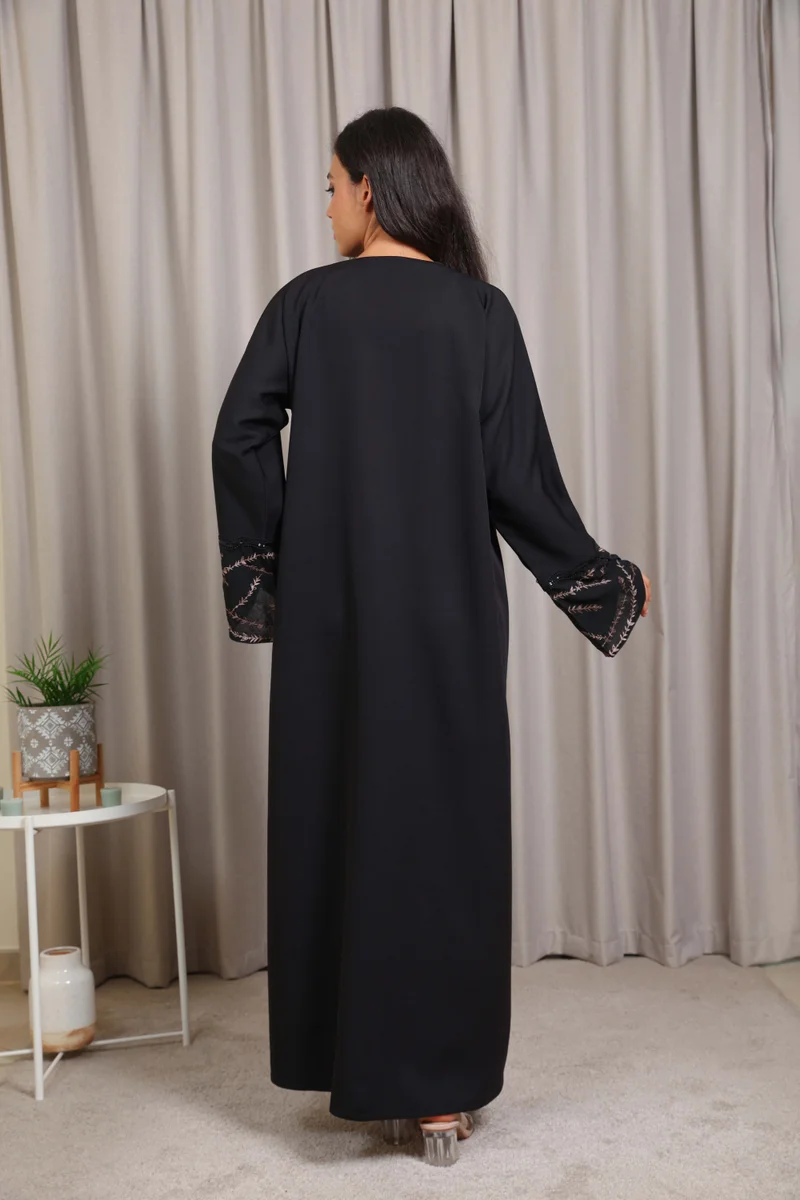 Nikias  Nikias Luxury Crepe Abaya with Intricate Threadwork and Lace Sleeve Detail for Women | Best Price UAE