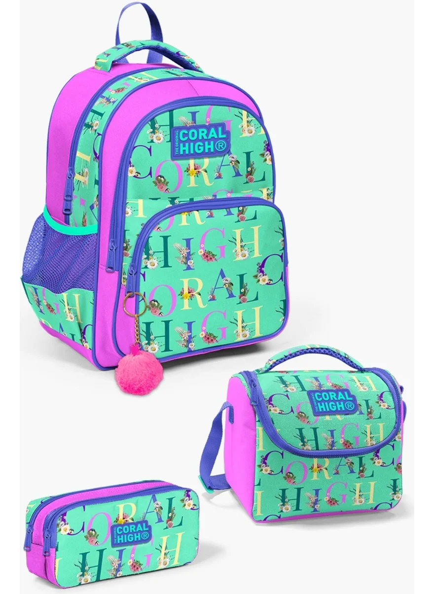 CORAL HIGH Kids Water Green Light Pink Monogram Patterned 3-Piece School Bag Set SET0114410