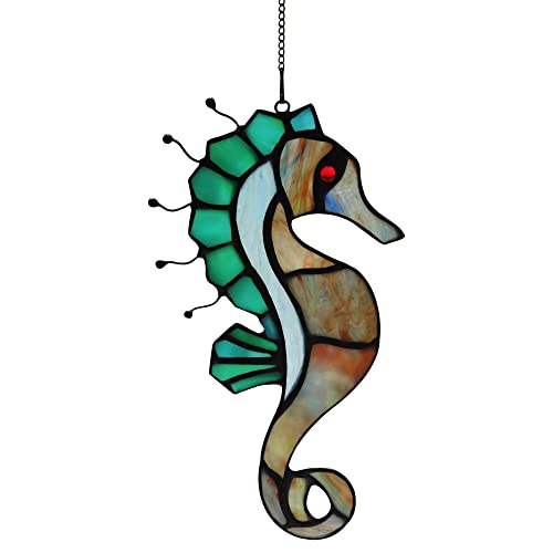 HAOSUM Seahorse Decor Stained Glass Window HangingSea Nautical Gift Suncatcher Hanging Ocean Theme Decor for Living RoomBathroomKitchenBirthday Gifts for MomWomen