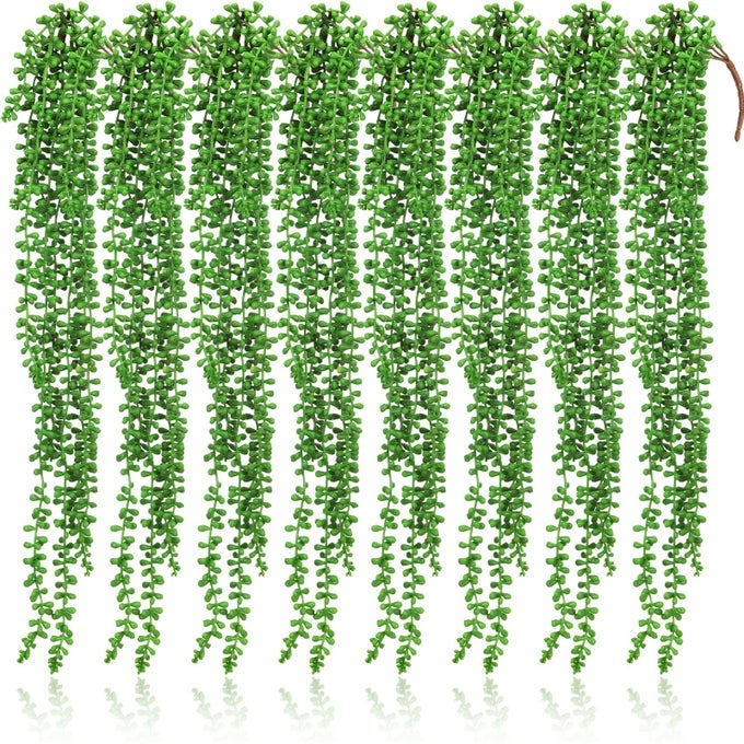 8 PCS ARTIFICIAL SUCCULENTS BULK HANGING PLANTS 24 INCHES LARGE FAKE STRING OF PEARLS FAUX PLANTS WALL GREENERY DECOR FOR GARDEN INDOOR OUTDOOR DECORATION FRESH STYLE