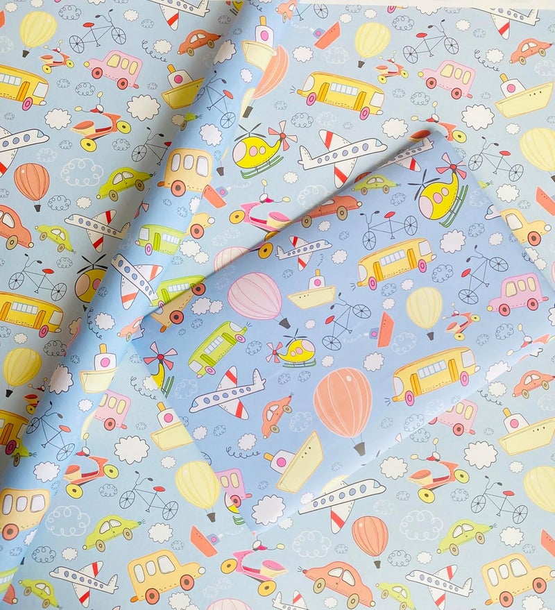 Raj Rajeshwari Transport Cartoon Wrapping Paper Multicolor 20 x 28 inch Pack of 25 Sheets Glossy Finish Ideal for Birthday Anniversary Christmas Wedding Occasions - Image 1