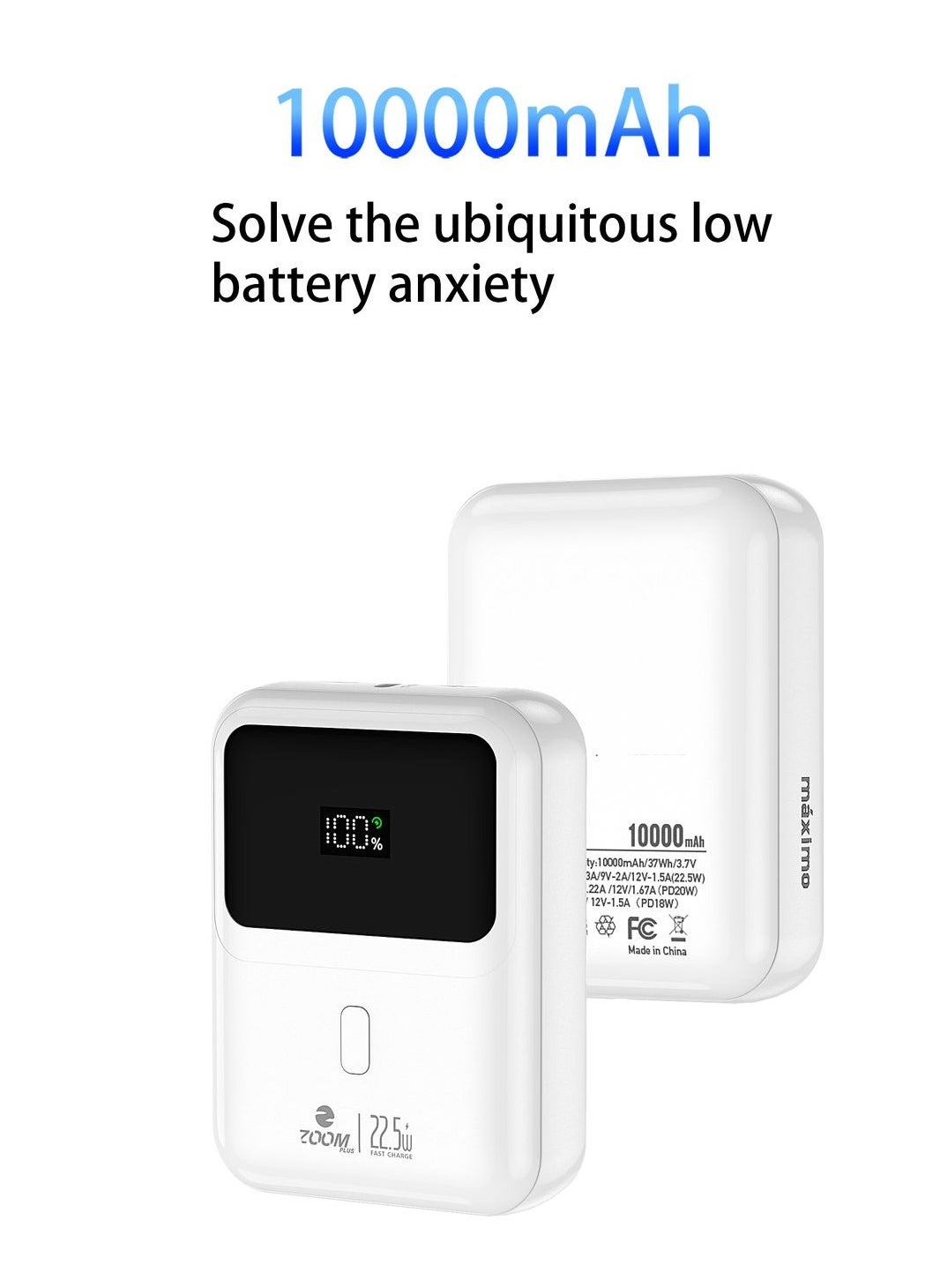 Zoom Plus ZOOM PLUS ZP1010000mAh Ultra-Compact Power Bank With 22.5W PD And Quick Charge 3.0 WHITE 