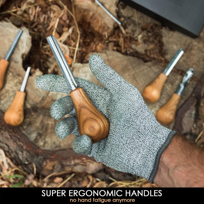 BeaverCraft Wood Carving Gouges Kit SC05 - Wood Carving Chisels Set with Palm Gouge & Flat Straight Chisel, Rounded Short Bent, V-chisels - Whittling Knives, Tools for Beginners and Profi Carvers - Image 3