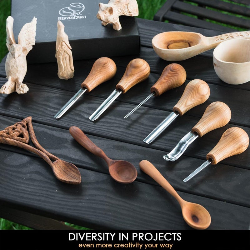 BeaverCraft Wood Carving Gouges Kit SC05 - Wood Carving Chisels Set with Palm Gouge & Flat Straight Chisel, Rounded Short Bent, V-chisels - Whittling Knives, Tools for Beginners and Profi Carvers - Image 4