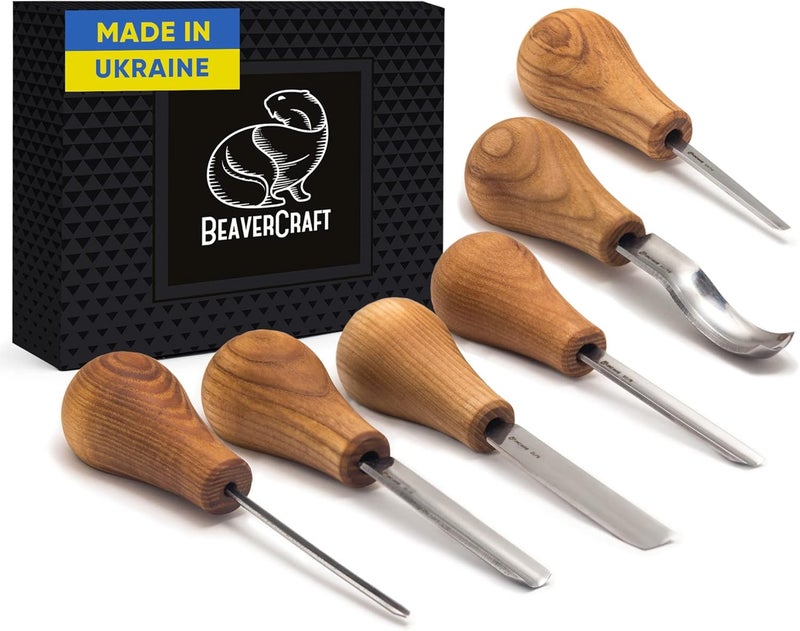 BeaverCraft Wood Carving Gouges Kit SC05 - Wood Carving Chisels Set with Palm Gouge & Flat Straight Chisel, Rounded Short Bent, V-chisels - Whittling Knives, Tools for Beginners and Profi Carvers - Image 1