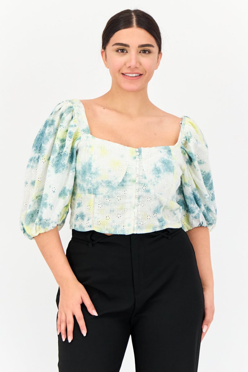 ONLY Women Square Neck Short Sleeves Textured Crop Top, Multicolor - Image 1