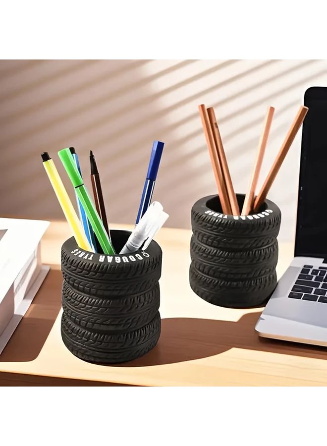 Stackable Tire Shaped Pen Holder Black 2 Tier Cactus Design Desk Organizer Office Supplies Storage - Image 1