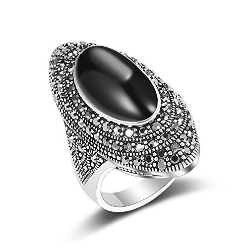 Mytys Retro Vintage Cocktail Statement Ring Black Marcasite & Crystal Rings for Women Antique Silver Big Black Onyx Stone Ring (Silver 3, 8) - Image 1