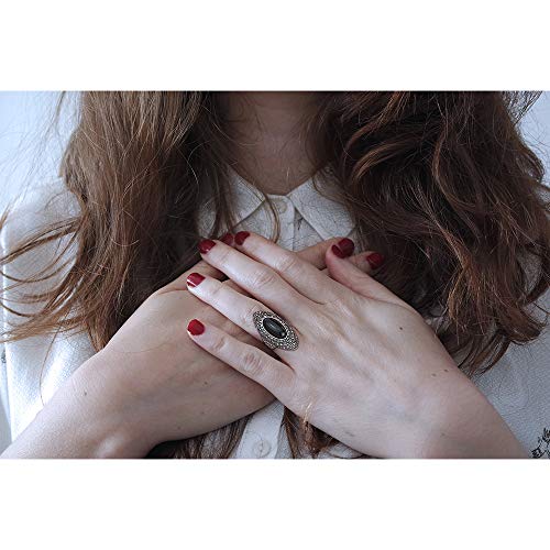 Mytys Retro Vintage Cocktail Statement Ring Black Marcasite & Crystal Rings for Women Antique Silver Big Black Onyx Stone Ring (Silver 3, 8) - Image 4